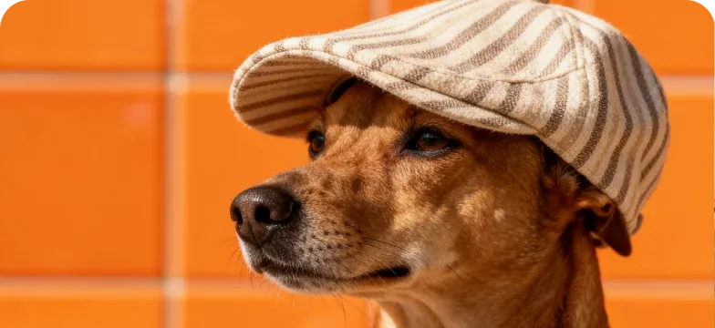 Every Social Size — Dog in a striped flat cap against a bright orange wall