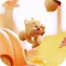 Glossy 3D squirrel character leaping through a dreamy amber autumn scene