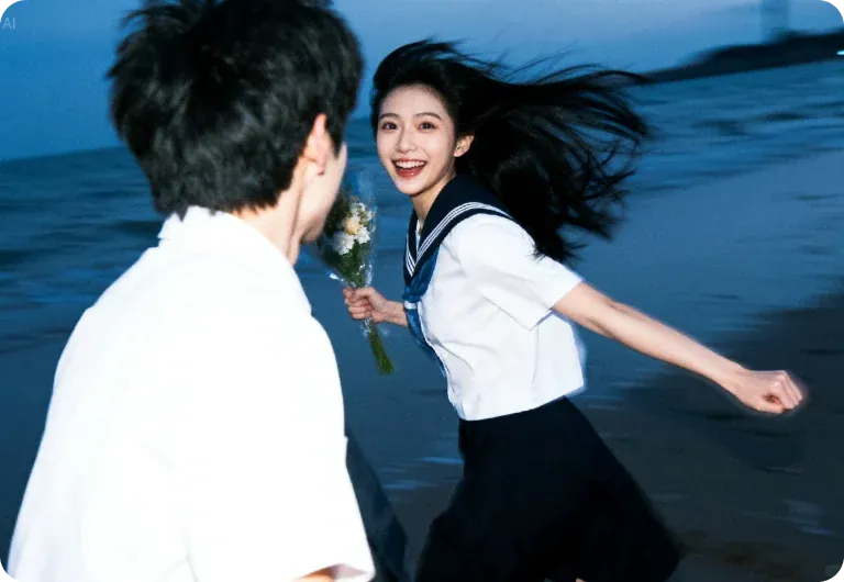 Two-Hander Shots — Two people in school uniforms running along a beach at dusk
