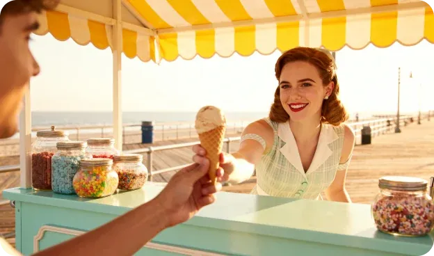 Pitch Decks — Vintage boardwalk ice cream cart with a yellow striped awning at sunset