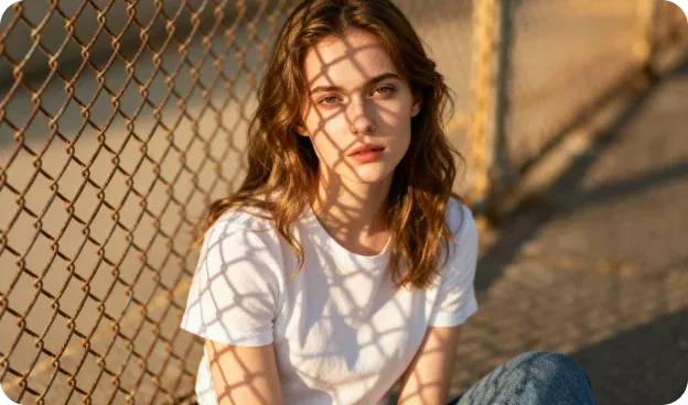 Product Launches — Wavy-haired woman seated by a wire fence, lattice shadows in low sun