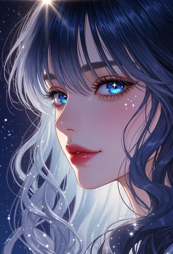 Anime portrait of a girl with starlit blue eyes and silver-navy hair
