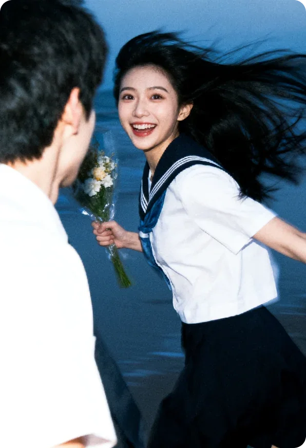 Girl in a sailor uniform running to hand white flowers to a friend at dusk