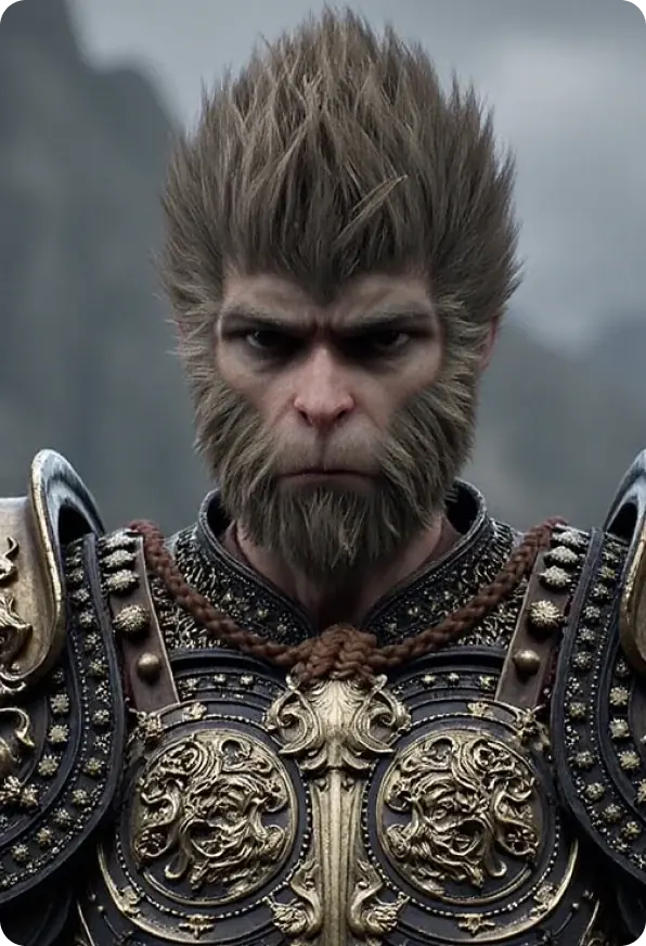 Monkey warrior in ornate gold and black armor before misty grey mountains
