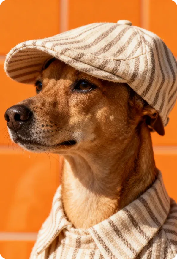 Brown dog in a striped flat cap and shirt posing against an orange wall