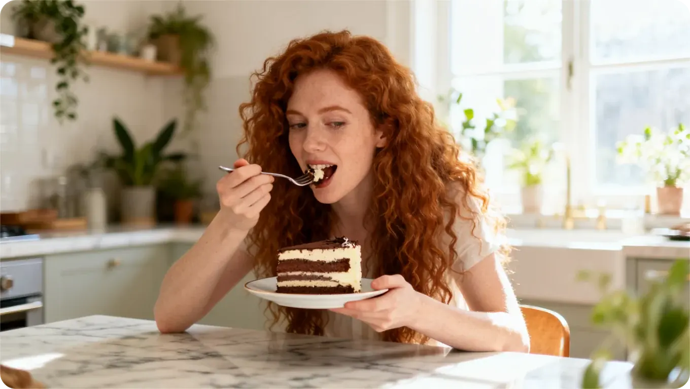 Red-haired woman tasting a slice of chocolate layer cake in a sunlit kitchen