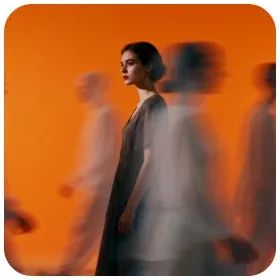 Woman in grey standing still as blurred figures rush past an orange wall
