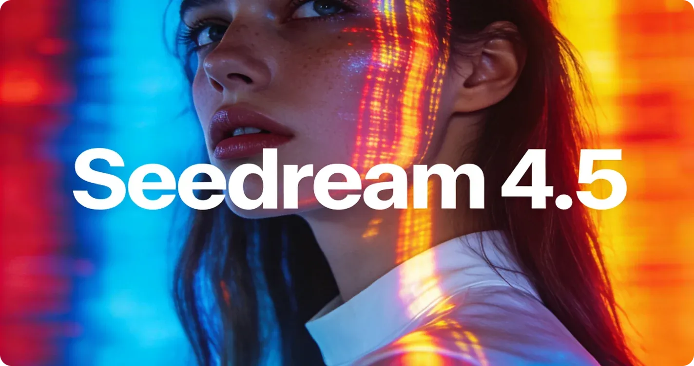 Seedream 4.5 AI Image model banner with a neon-striped freckled portrait