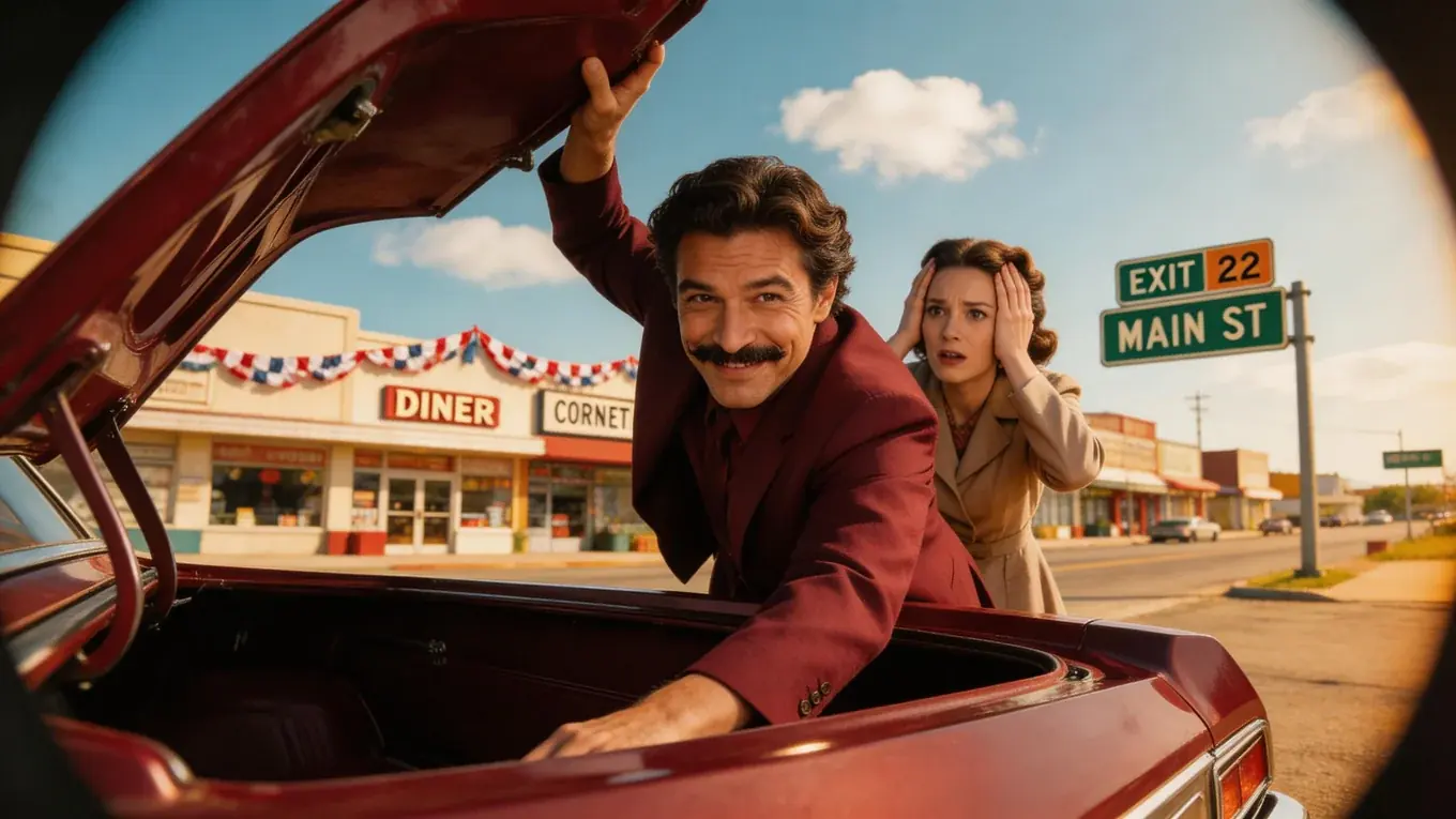 Retro street scene: man opens a car trunk as a woman panics behind him