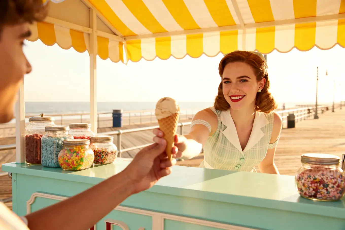 Smiling vendor hands an ice cream cone across a mint boardwalk counter