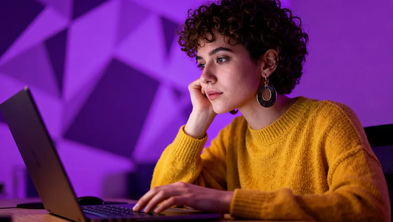 Curly-haired woman in a mustard sweater at a laptop, purple neon glow behind
