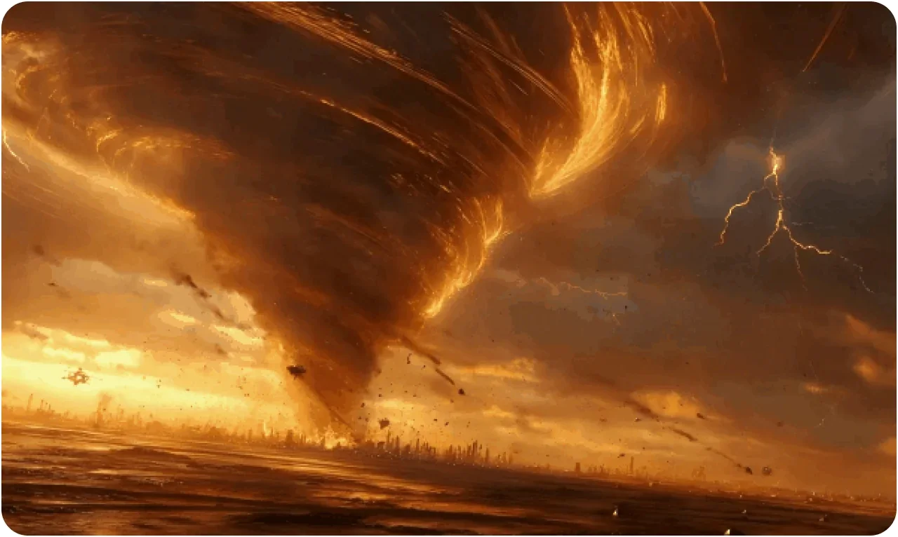 Deck Slides — Towering firestorm tearing across a scorched plain under lightning